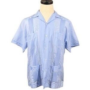 Alon Vel Mens Light Blue Embroidered Guayabera Shirt Short Sleeve Size 40 Mexico